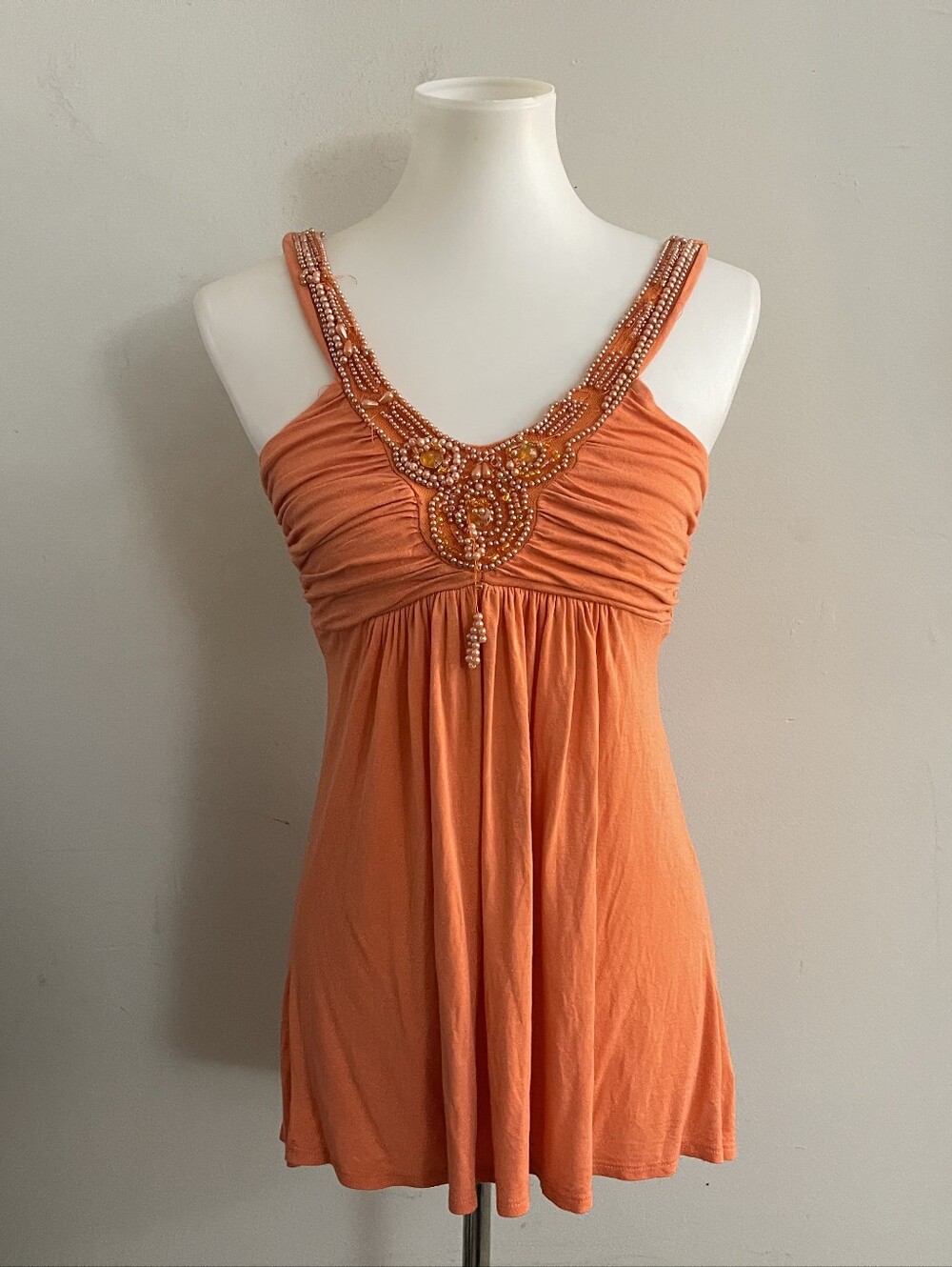 (Sold)Y2K Orange Cotton Babydoll Top Orange Beaded Vintage Boho Fairy Festival